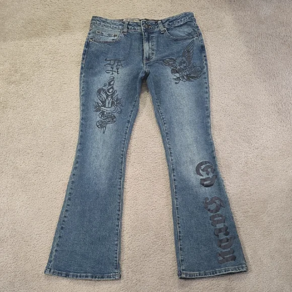 Ed Hardy Flare Jeans with Black Graphics - Picture 2 of 15